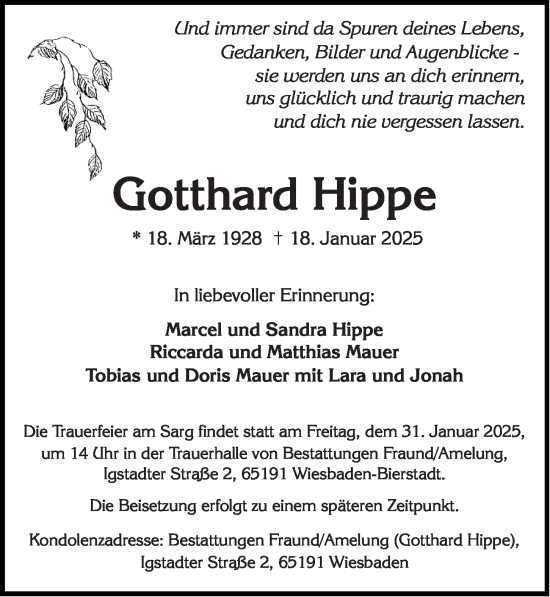 Traueranzeige von Gotthard Hippe von Wiesbadener Kurier