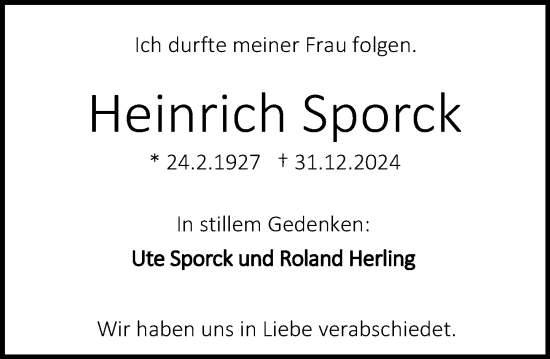 Traueranzeige von Heinrich Sporck von Darmstädter Echo