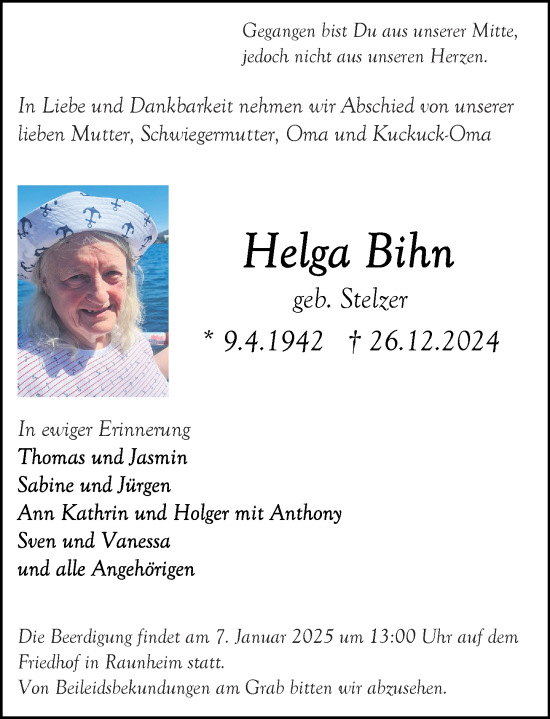 Traueranzeige von Helga Bihn von Rüsselsheimer Echo