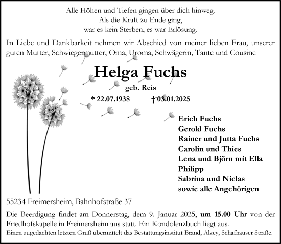 Traueranzeige von Helga Fuchs von Allgemeine Zeitung Alzey