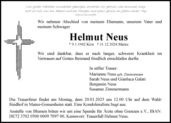 Traueranzeige von Helmut Neus von Allgemeine Zeitung Rheinhessen-Nahe