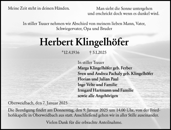 Traueranzeige von Herbert Klingelhöfer von Hinterländer Anzeiger