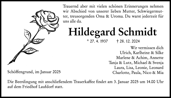 Traueranzeige von Hildegard Schmidt von Wetzlarer Neue Zeitung