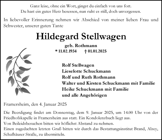 Traueranzeige von Hildegard Stellwagen von Allgemeine Zeitung Alzey