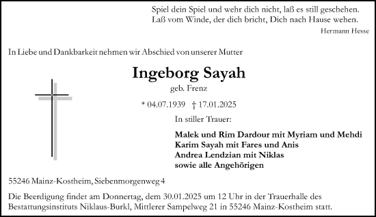 Traueranzeige von Ingeborg Sayah von Allgemeine Zeitung Mainz