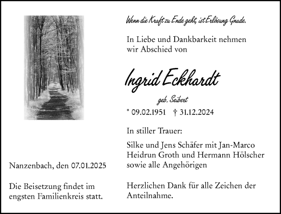 Traueranzeige von Ingrid Eckhardt von Dill Block