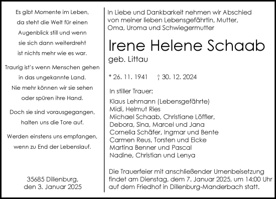 Traueranzeige von Irene Helene Schaab von Dill Block