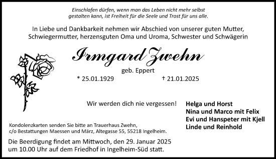 Traueranzeige von Irmgard Zwehn von Allgemeine Zeitung Rheinhessen-Nahe