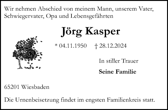 Traueranzeige von Jörg Kasper von Wiesbadener Kurier