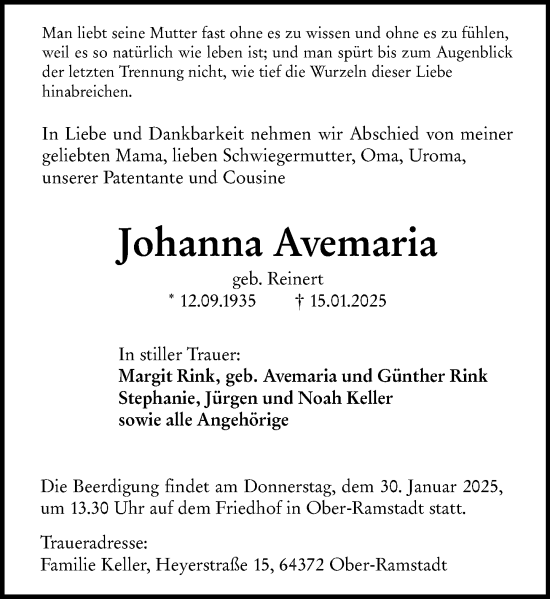 Traueranzeige von Johanna Avemaria von Darmstädter Echo