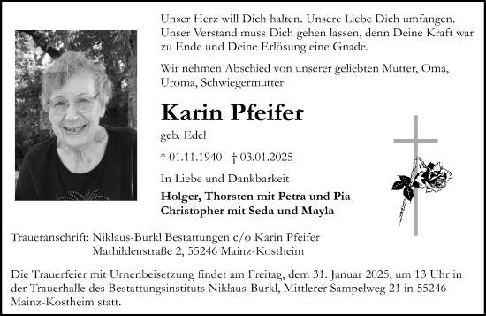 Traueranzeige von Karin Pfeifer von Allgemeine Zeitung Mainz