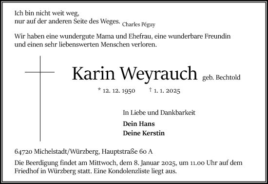 Traueranzeige von Karin Weyrauch von Odenwälder Echo