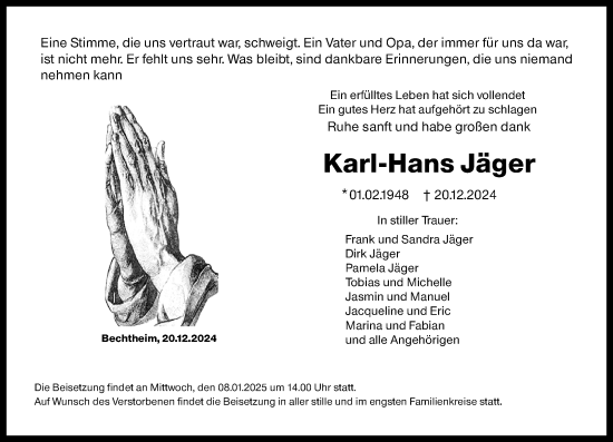 Traueranzeige von Karl-Hans Jäger von Wormser Zeitung