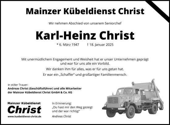 Traueranzeige von Karl-Heinz Christ von Allgemeine Zeitung Mainz