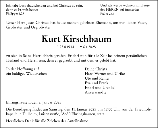 Traueranzeige von Kurt Kirschbaum von Wetzlarer Neue Zeitung