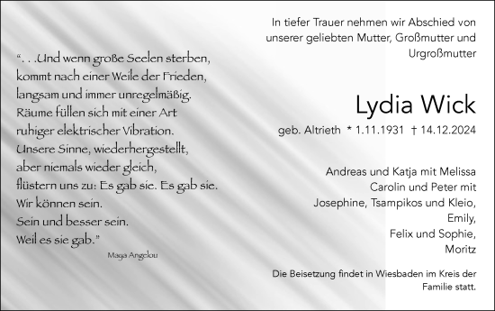 Traueranzeige von Lydia Wick von Wiesbadener Kurier