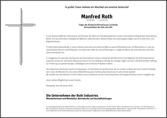 Traueranzeige von Manfred Roth von Hinterländer Anzeiger