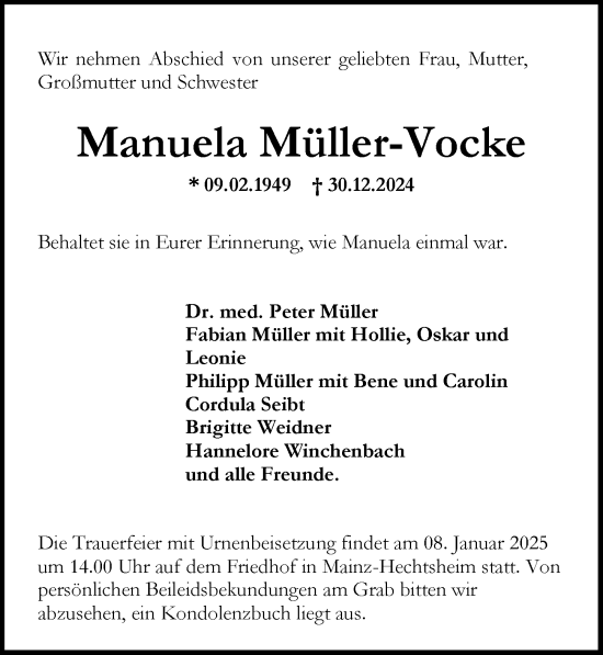 Traueranzeige von Manuela  Müller-Vocke von Allgemeine Zeitung Mainz