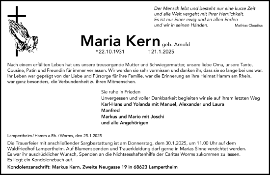 Traueranzeige von Maria Kern von Wormser Zeitung