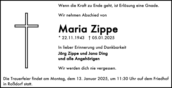 Traueranzeige von Maria Zippe von Darmstädter Echo