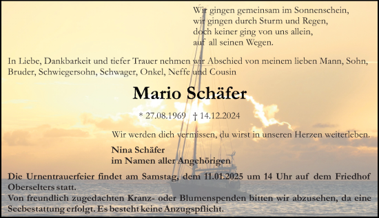 Traueranzeige von Mario Schäfer von Camberger Anzeiger