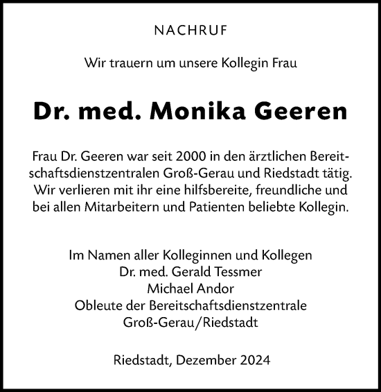 Traueranzeige von Monika Geeren von Groß-Gerauer Echo