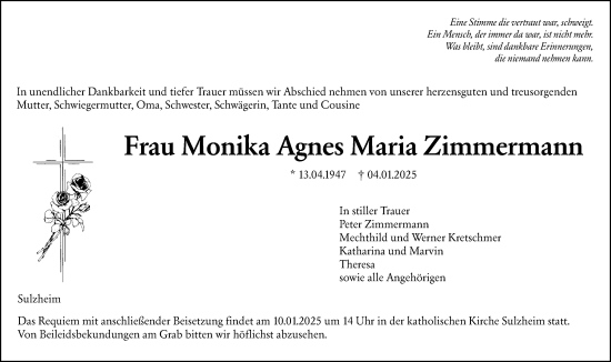 Traueranzeige von Monika Agnes Maria Zimmermann von Allgemeine Zeitung Alzey