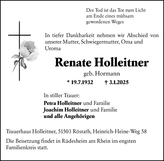 Traueranzeige von Renate Holleitner von Rheingau Kurier