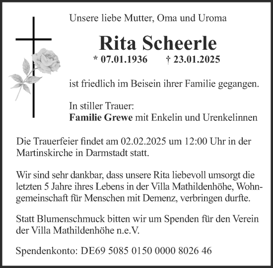 Traueranzeige von Rita Scheerle von Darmstädter Echo