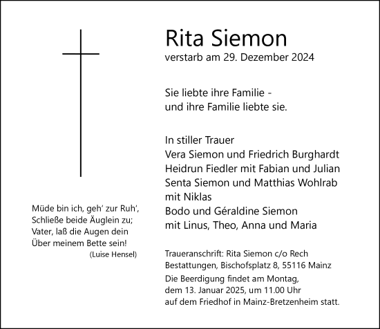 Traueranzeige von Rita Siemon von Allgemeine Zeitung Mainz