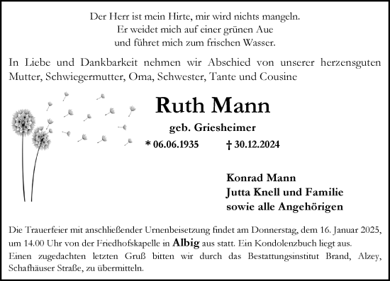 Traueranzeige von Ruth Mann von Allgemeine Zeitung Alzey