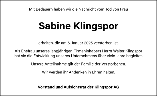 Traueranzeige von Sabine Klingspor von Dill Block