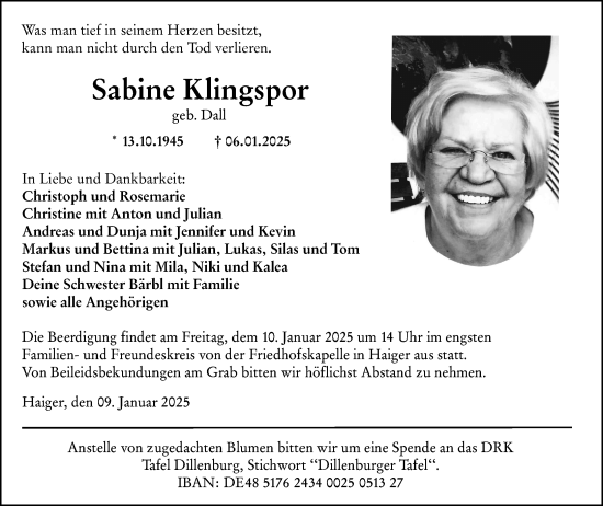 Traueranzeige von Sabine Klingspor von Dill Block