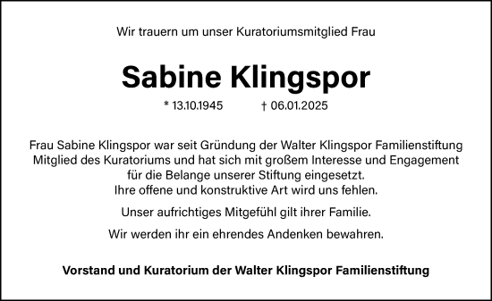 Traueranzeige von Sabine Klingspor von Dill Block