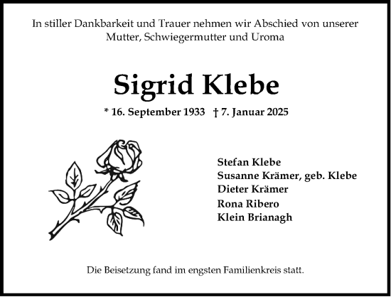 Traueranzeige von Sigrid Klebe von Wiesbadener Kurier