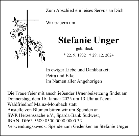 Traueranzeige von Stefanie Unger von Allgemeine Zeitung Mainz