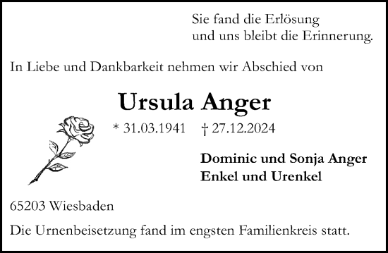 Traueranzeige von Ursula Anger von Wiesbadener Kurier