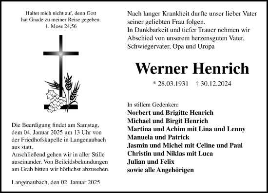 Traueranzeige von Werner Henrich von Dill Block