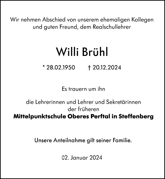 Traueranzeige von Willi Brühl von Hinterländer Anzeiger