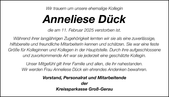 Traueranzeige von Anneliese Dück von Groß-Gerauer Echo