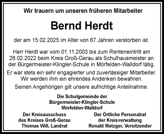 Traueranzeige von Bernd Herdt von Groß-Gerauer Echo